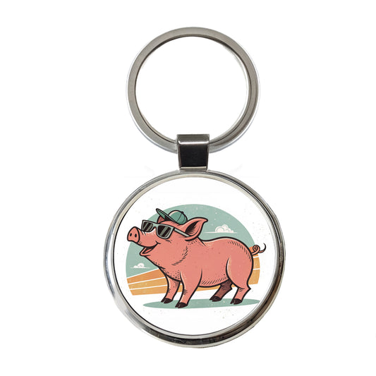 Cool Pig Wearing Sunglasses Retro Illustration Round Metal Keychain