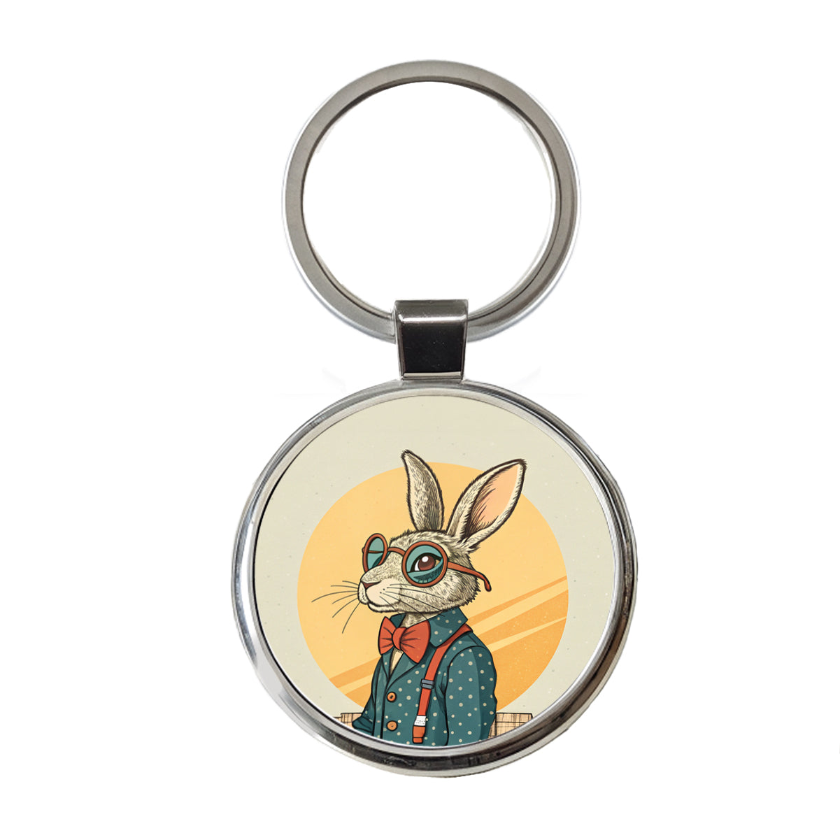 Cool Rabbit Wearing Glasses Retro Round Metal Keychain