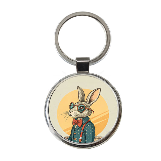 Cool Rabbit Wearing Glasses Retro Round Metal Keychain