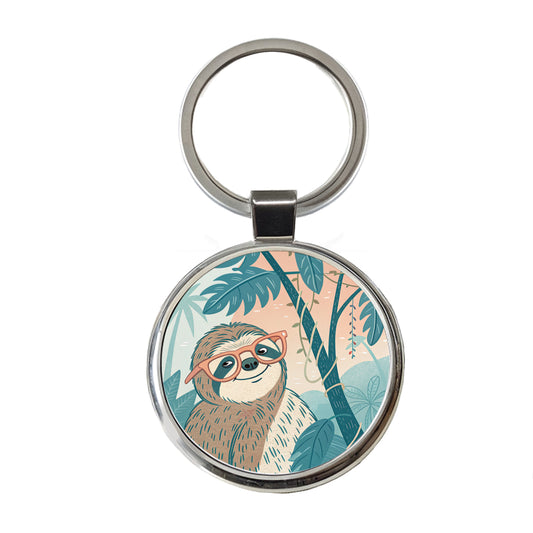 Cool Sloth Wearing Glasses Round Metal Keychain