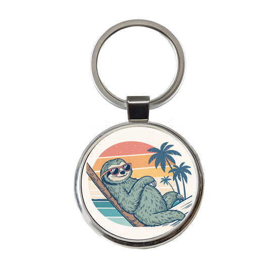 Cool Sloth Wearing Sunglasses Retro Illustration Round Metal Keychain