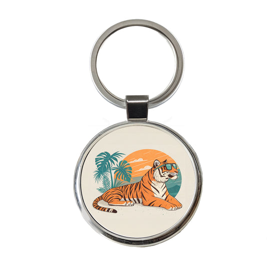 Cool Tiger Wearing Sunglasses Retro Illustration Round Metal Keychain
