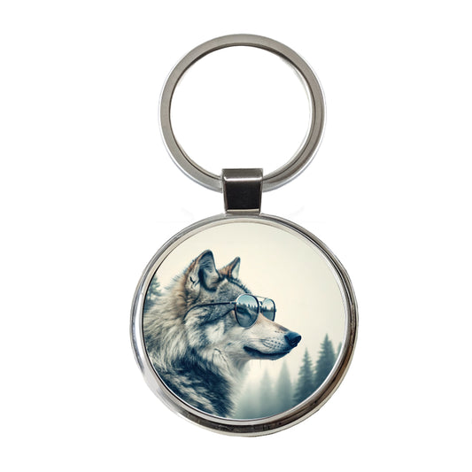 Cool Wolf Wearing Misty Woods Round Metal Keychain