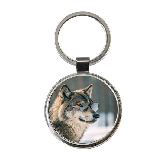 Cool Wolf Wearing Sunglasses Round Metal Keychain
