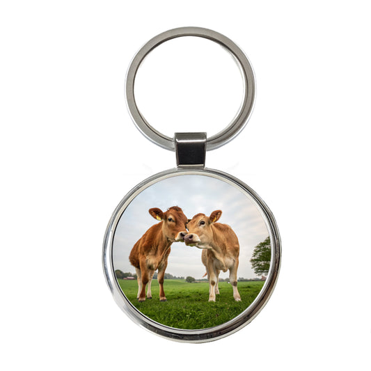 Cows Nuzzle Love Round Metal Keychain