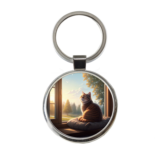 Cozy Cat In Window Round Metal Keychain
