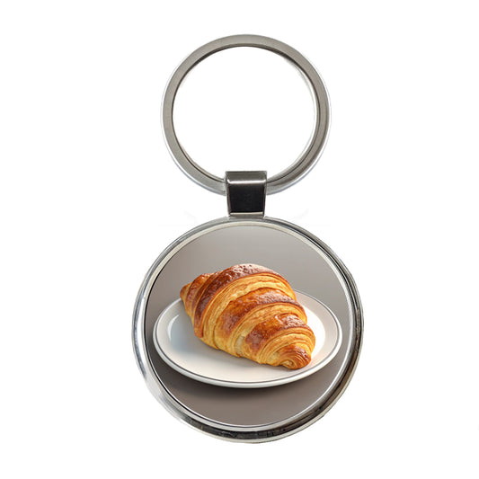 Croissant On Plate Round Metal Keychain
