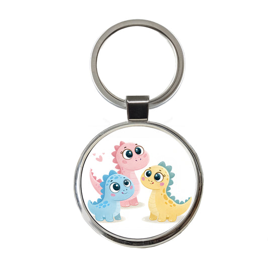 Cute Pastel Colored Cartoon Dinosaurs Big Eyes Round Metal Keychain