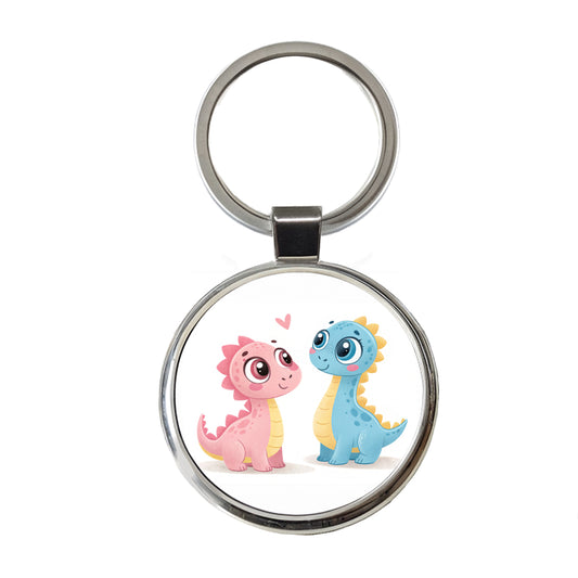 Cute Pastel Colored Cartoon Dinosaurs Round Metal Keychain