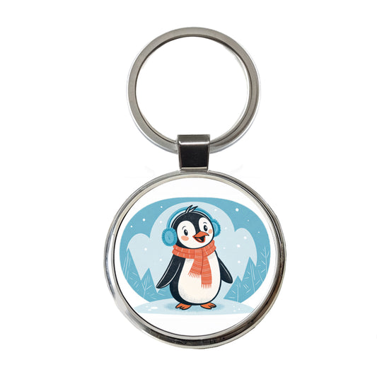 Cute Winter Penguin Scarf Round Metal Keychain