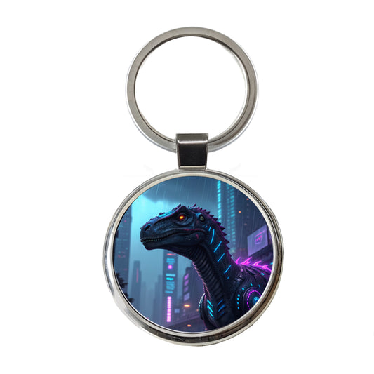 Cyberpunk Dinosaur In City Round Metal Keychain