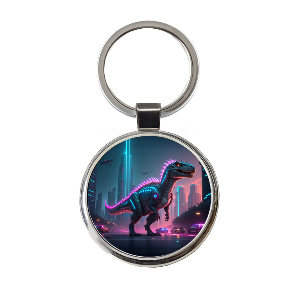 Cyberpunk Dinosaur Round Metal Keychain