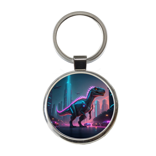 Cyberpunk Dinosaur Round Metal Keychain