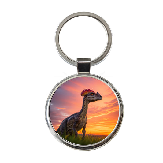 Dilophosaurus Sunset Dinosaur Round Metal Keychain