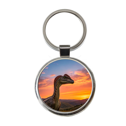 Dilophosaurus Sunset Sunrise Dinosaur Round Metal Keychain