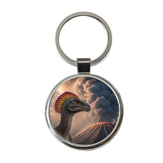 Dilophosaurus Volcano Dinosaur Round Metal Keychain