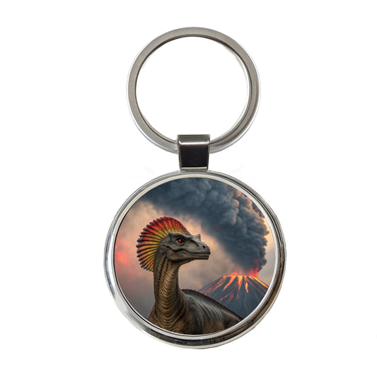 Dilophosaurus Volcano Erupting Dinosaur Round Metal Keychain