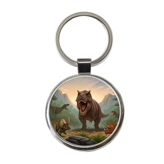 Dinosaurs Battle Round Metal Keychain