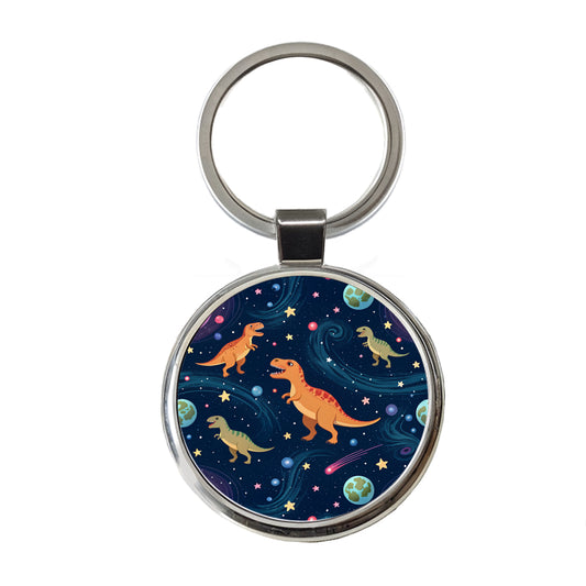 Dinosaurs Floating In Space Galaxy Planets Round Metal Keychain