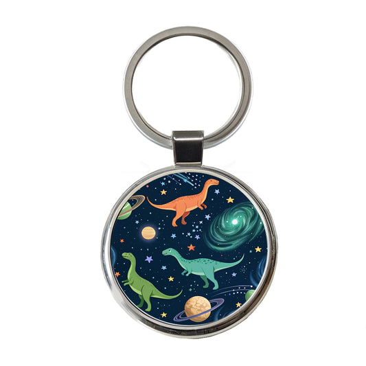 Dinosaurs Floating In Space Galaxy Round Metal Keychain