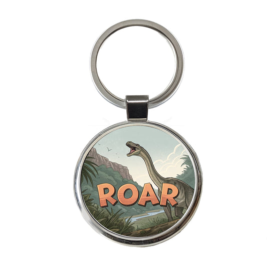 Diplodocus Roar Bold Text Dinosaur Round Metal Keychain