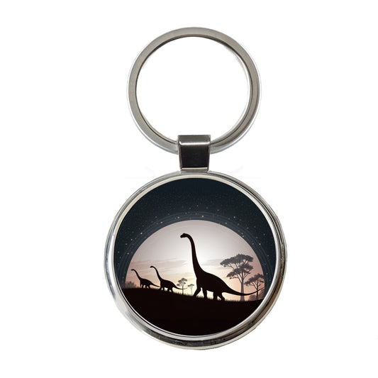 Diplodocus Silhouettes Dinosaurs Round Metal Keychain