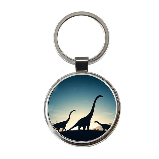 Diplodocus Silhouettes Night Dinosaurs Round Metal Keychain