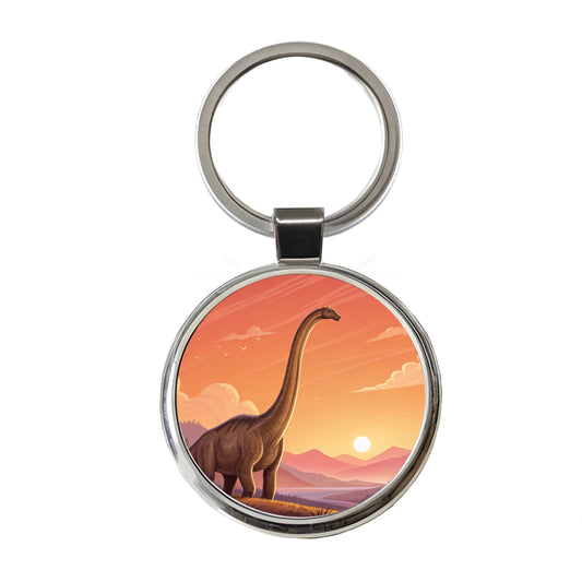 Diplodocus Sunset Dinosaur Round Metal Keychain