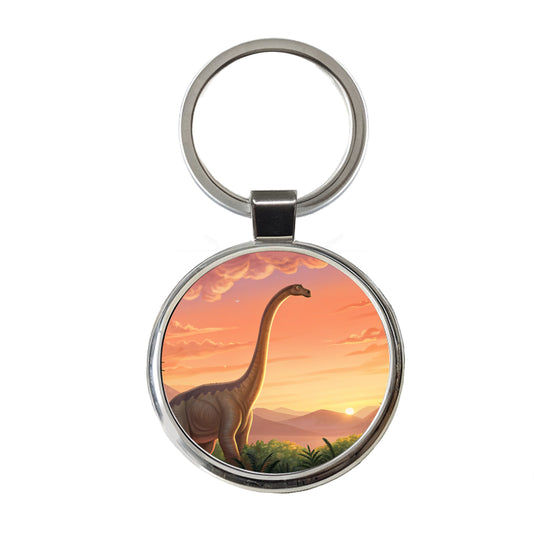 Diplodocus Sunset Sunrise Dinosaur Round Metal Keychain