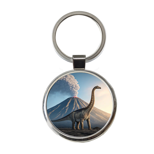 Diplodocus Volcano Dinosaur Round Metal Keychain
