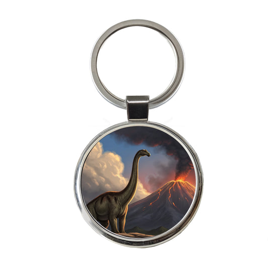Diplodocus Volcano Erupting Dinosaur Round Metal Keychain