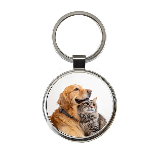 Dog Cat Hugging Love Round Metal Keychain