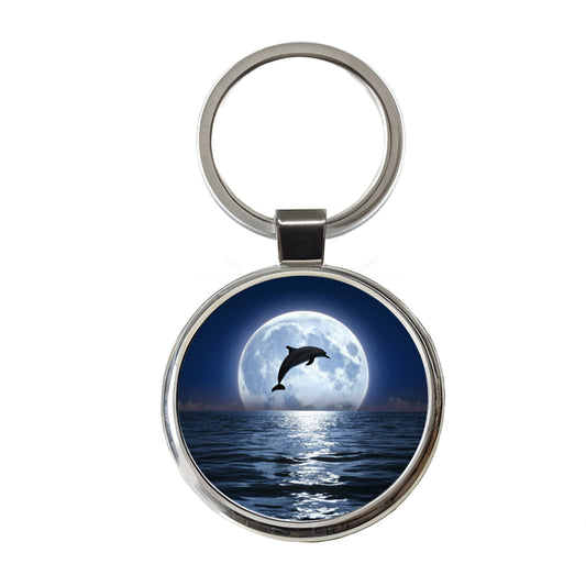 Dolphin Leaping Over Ocean Sea Full Moon Round Metal Keychain