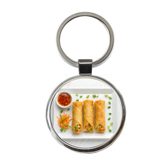 Egg Spring Rolls On Plate Round Metal Keychain