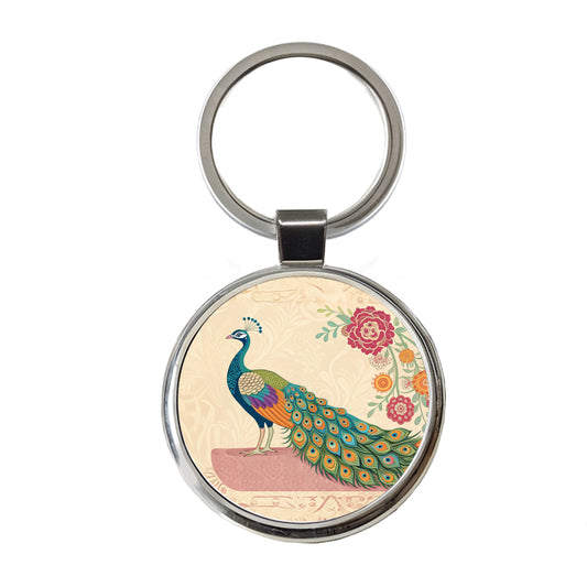Elegant Peacock Flowers Round Metal Keychain