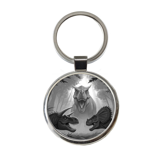 Epic Showdown T-Rex Triceratops Velociraptor Dinosaurs Round Metal Keychain