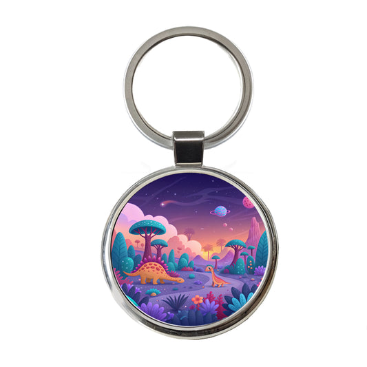 Fantasy Alien Planet Dinosaurs Colorful Round Metal Keychain