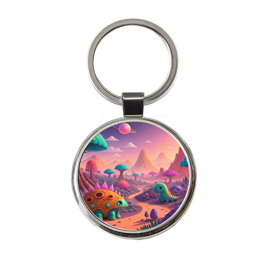 Fantasy Alien Planet Dinosaurs Round Metal Keychain