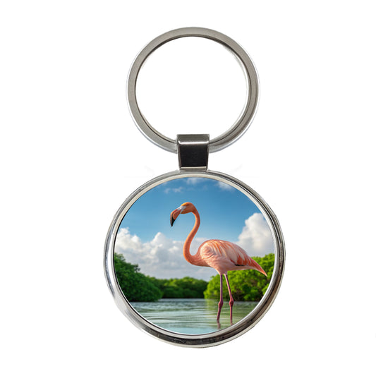 Flamingo Bird Standing In Water Round Metal Keychain