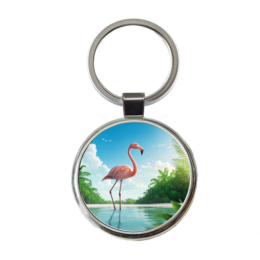 Flamingo Pink Bird In Water Round Metal Keychain
