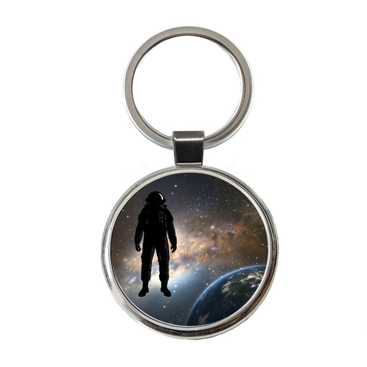 Floating Astronaut Silhouette Earth Space Round Metal Keychain