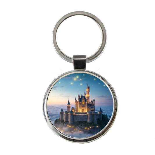 Floating Castle Magic Light Clouds Round Metal Keychain