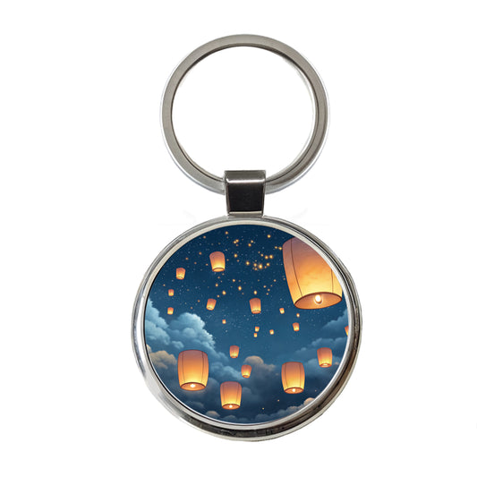 Floating Lanterns In Sky Round Metal Keychain