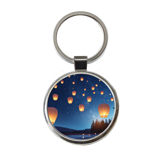 Floating Lanterns Over Lake Round Metal Keychain