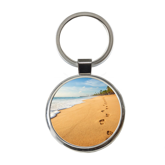 Footprints In The Sand Barefoot Beach Ocean Round Metal Keychain