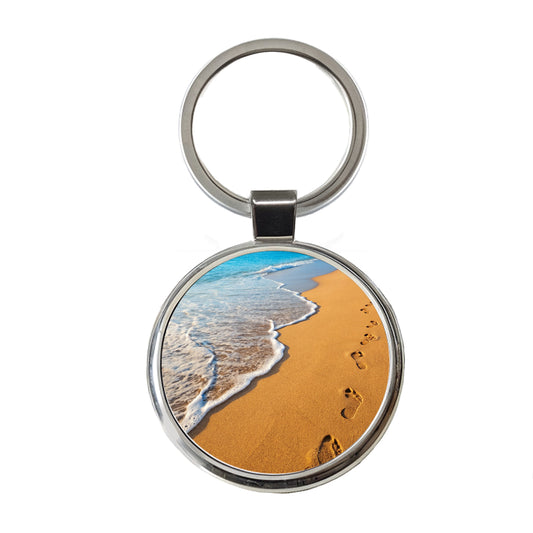 Footprints In The Sand Beach Shore Round Metal Keychain