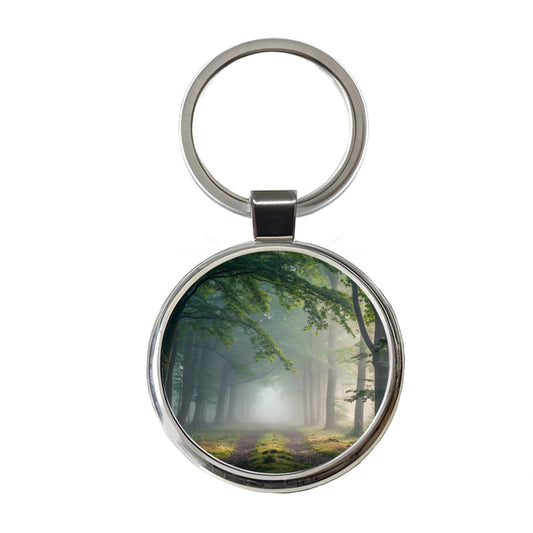Forest Fog Morning Trail Round Metal Keychain