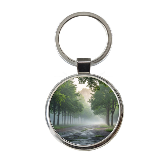 Forest Misty Morning Round Metal Keychain