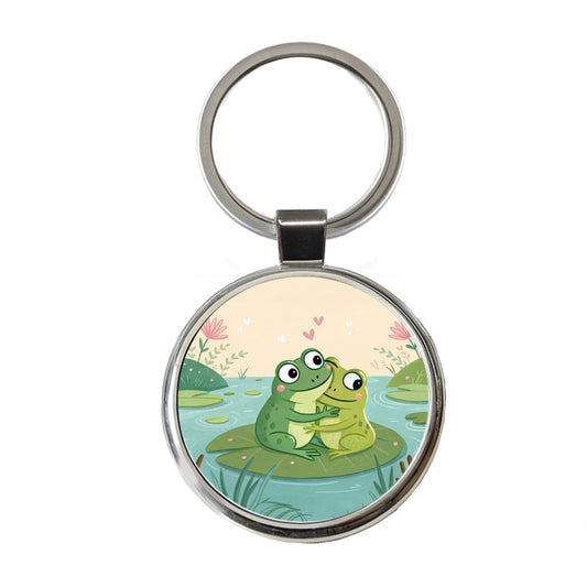 Frogs Hugging Love Round Metal Keychain