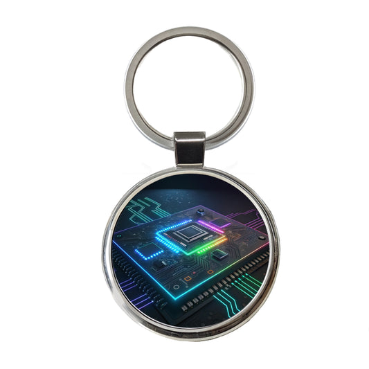Futuristic Circuit Board Colorful Round Metal Keychain